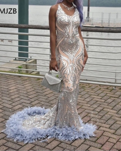 Backless Long Prom Dresses Mermaid Sparkly Sequin Black Girl V Neck Feather  Formal Evening Party Gown Graduation Dress Color Yellow US Size 8