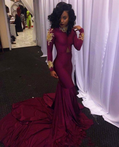 Elegant Mermaid Prom Dress Burgundy Long Sleeves Gold Lace Beading