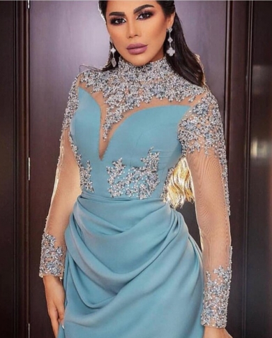 Muslim Evening Dress Long Sleeves Beads Crystal High Neck Floor Length Arabic Formal Dress Pary Evening Gown Robe De Soi Color Navy blue US Size 20W Muslim Evening Dress Long Sleeves Beads Crystal High Neck Floor Length Arabic Formal Dress Pary Evening Gown Robe De Soi Color Navy blue US Size 20W
