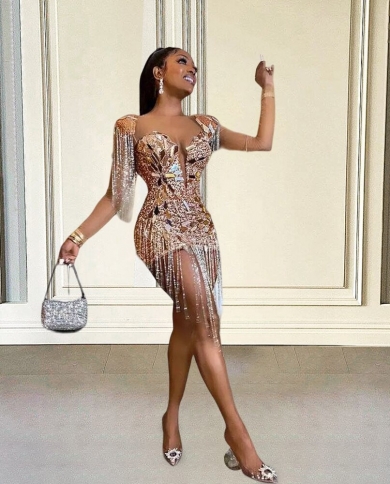 Silver Short Prom Dresses 2023 Luxury For Black Girl Beaded Tassel Diamond Birthday  Party Gown Mini Cocktail Homecoming Color Yellow US Size 14