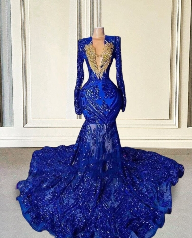 royal blue and gold prom dresses 2020 Sequin Mermaid 2023 Luxury For Black Girl Beads Long Sleeve Women Formal Evening Gown For W Color champagne US Size 26W DROP_MAY26-D2