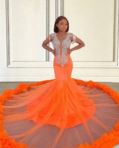 Orange Prom Dresses Luxury Mermaid Sheer V Neck Feathers Diamond