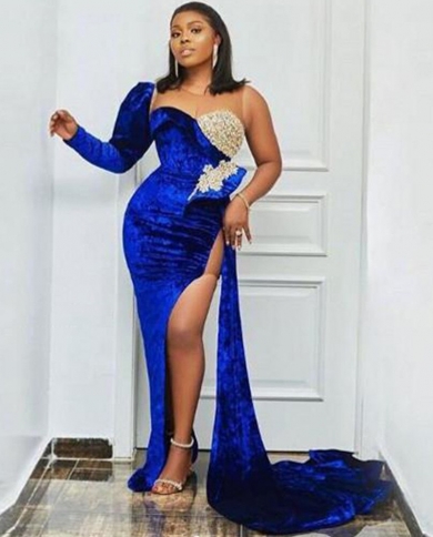 2023 Royal Blue Velvet Evening Dress One Shoulder Lace Prom Party
