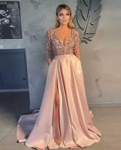 2023 Glitter Pink Prom Dresses Slit Satin Long Sleeve Evening Party Gowns  Simple A Line Vestido De Fiesta De Boda Custo Color White US Size 4