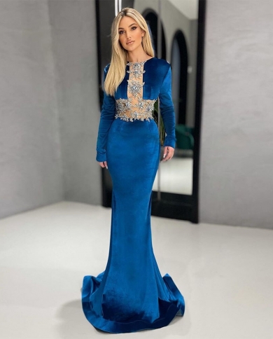 2023 Royal Blue Velvet Mermaid Evening Dresses Crystal Beading Sequined Long  Sleeve Flowers Formal Prom Dress Vintage Wo Color custom made US Size 26W