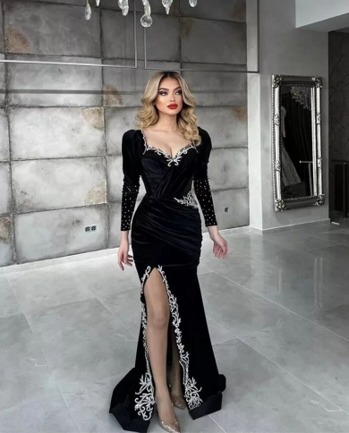 Black Velvet Mermaid Evening Dresses Long Sleeves Pearls