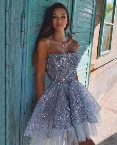 Shiny Short Sequins Prom Dress 2023 New Arrival Strapless Mini