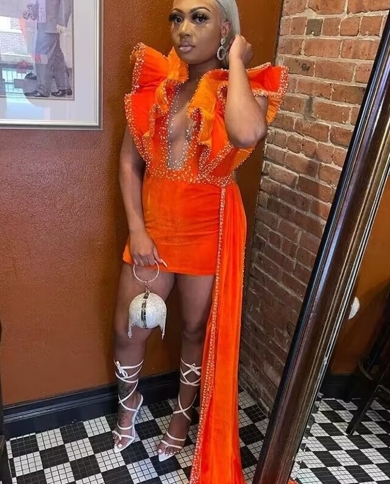 2023 Orange Velvet Short African Prom Dresses For Black Girls