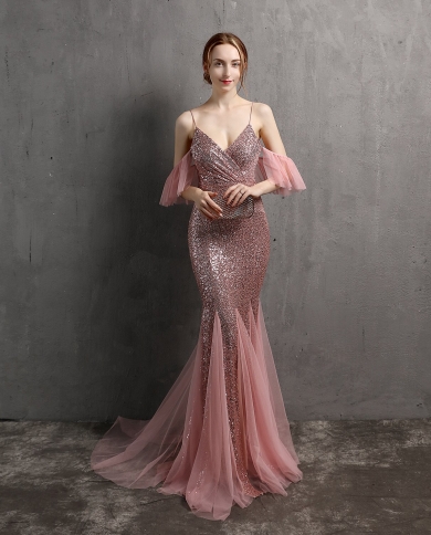 2023 New Pink Sequin Dress Beading Evening Dress Women Party Strap Maxi  Dress Long Prom Dress Ru43 Evening Dresses Color White US Size 8