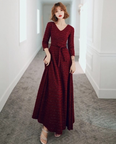 Wine Red Lace Long Evening Dresses V Neck A Line 34 Sleeve Elegant