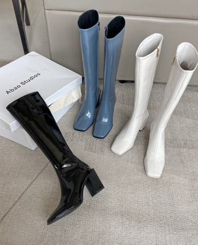Shoes Fashion High Heel Boots Woman Knee High Booties Round Toe Ladies Boots Women Punk Rubber High Heel Autumn Winter 2 Color Black Shoe Size 38
