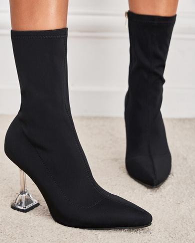 Stretch Fabric Socks Boots Women Black Shoes Elegant Pointed Toe Knitting Elastic Ankle Boots For Women Slimming For All Color Black Shoe Size 42