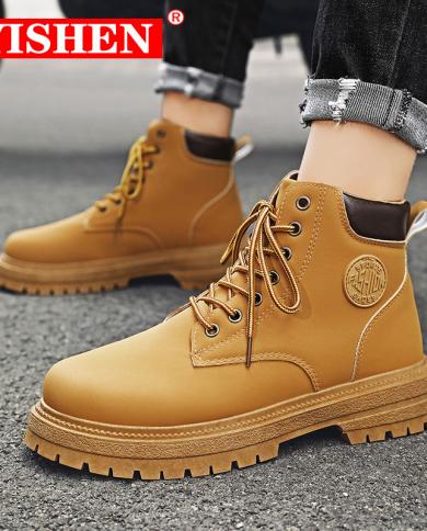 Yishen Men Martin Boots Handmade Classic Winter Leather Shoes For Men Motorcycle Boots Outdoor Ankle Boots Bottes Martin Color Yellow Shoe Size 43