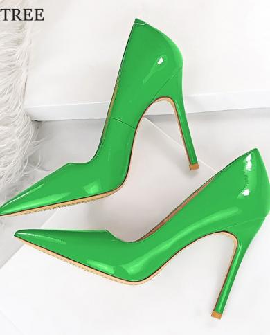 2023 Autumn Patent Leather Stiletto Women Pumps Green Khaki Shoes Pointed  Toe Office High Heels Female Party Dress Shoes Color White Shoe Size 4.5
