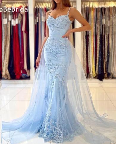 Tobebridal Light Blue Mermaid Prom Dresses Long Sweetheart Appliques Lace Evening Dresses Detachable Train Formal Party Color champagne US Size 16