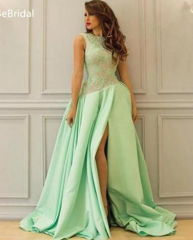 Fashion Mint Green Prom Dress, Satin Lace O Neck Sleeveless Party Dress, Split Long Evening Dress Color Pink US Size 16W Fashion Mint Green Prom Dress, Satin Lace O Neck Sleeveless Party Dress, Split Long Evening Dress Color Pink US Size 16W