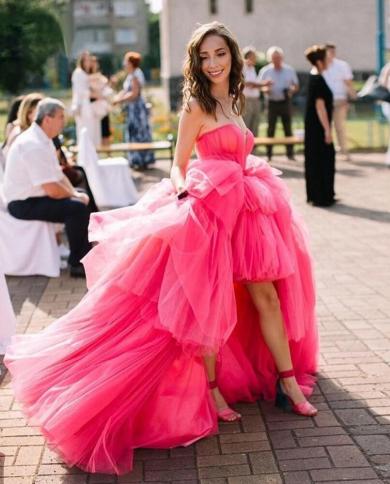 Pink Evening Dresses Sweetheart A Line Tulle Short Front Long Back Prom Party Gown Vestidos De Mujer Elegantes Para Fies Color Blue US Size 18W