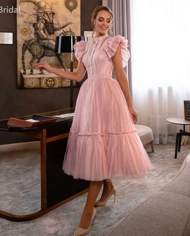 Boho Turtleneck Prom Dress Tea Length Layered Lace Princess Dress