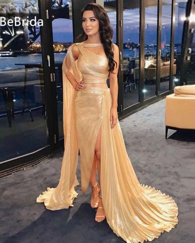 Golden Mermaid Prom Dress 2023, One Shoulder Beach Pleated Saudi Arabia  Slit Gown De Soir  E Vestidos Evening Dress Color Silver US Size 14