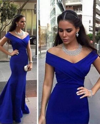 New Formal Avant Garde Royal Blue Satin Prom Party Dress Mermaid Off The  Shoulder Pleated Cocktail Party Evening Dress US Size 14 Color Ivory