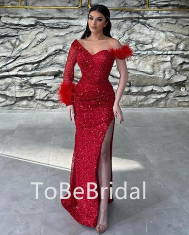 Fashionable Red Shiny Lace Prom Dress, One Shoulder Long Sleeve Party Dress With Feathers, Side Slit Mermaid Evening Dr Color Green US Size 26W Fashionable Red Shiny Lace Prom Dress, One Shoulder Long Sleeve Party Dress With Feathers, Side Slit Mermaid Evening Dr Color Green US Size 26W