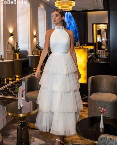 Tobebridal White Halter Turtleneck Prom Dress A Line Sleeveless