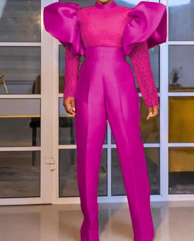 Lace Patchwork Flare Pants Jumpsuit Women Solid High Waist Puff Sleeve Office Overalls Women Elegant Female African Romp size XXXL Color Rose Red