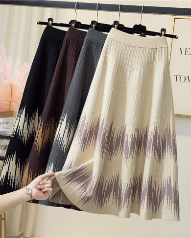 Women Knitted Skirt Fashion Jacquard Pattern Midi Skirt Spring