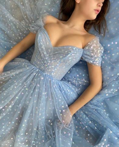 bubble homecoming dresses Blue Off the Shoulder Mirror Sequin Homecoming Dress with Feather –  Movousdress main image 1