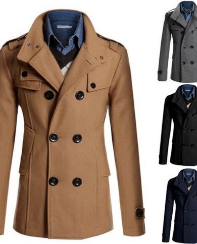 Double breasted slim hoodie solid casual sales long pea coat with belt
