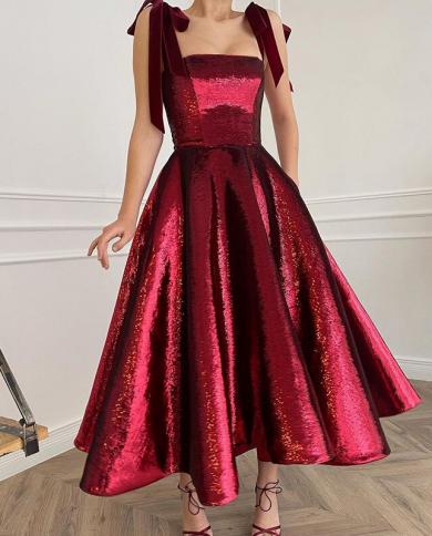 Bridalaffair Hot Sale Dark Red Short Sequins Prom Dress Elegant A Line Tea  Length Evening Gown Plus Size Party Gown Wit US Size 22W Color custom made