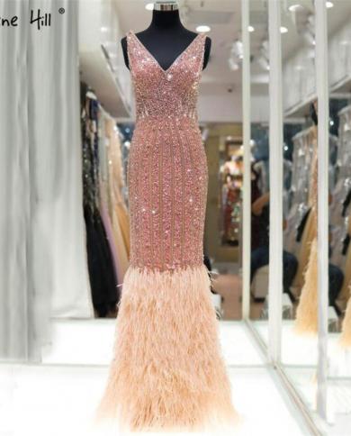Dubai Luxury Feathers Mermaid Evening Dresses Vneck Sleeveless Sparkle Evening  Gowns Serene Hill La60749 Evening Dress Color Silver US Size 2