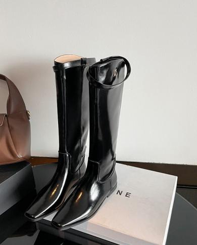 2023 New Women Knee High Boots Natural Leather 22 245 Cm Cow Leather Modern Boots Square Toe Flat Belt Buckle Long Boot Shoe Size 35 Color Black Autumn