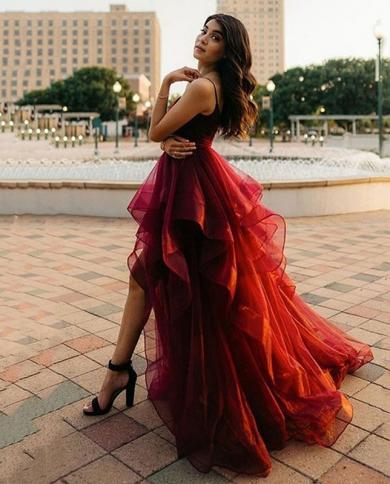 On Zhu Burgundy Fluffy Tulle High Low Long Prom Dresses 2023 Women