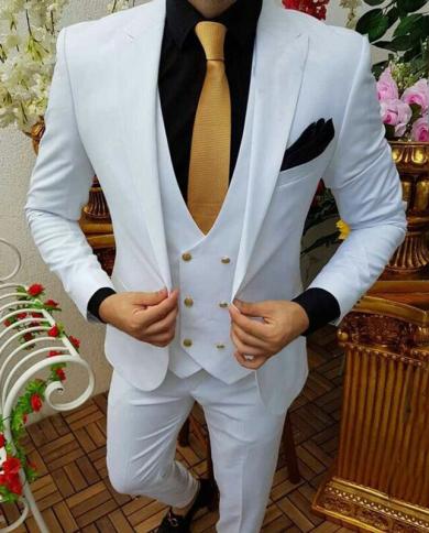 White Slim Fit Suits For Men 3 Piece Wedding Tuxedo With Double Breasted Waistcoat Male Fashion Jacket Pants New Arrival Color Khaki size 5XL EU60