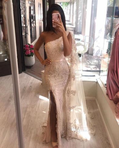Dubai Arabic Long Lace Mermaid Evening Dresses 2023 Champagne Beads  Appliques Side Slit One Shoulder Formal Evening Gow Color Navy blue US Size  14