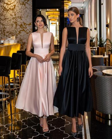Bridalaffair Simple Vestidos De Gala Tea Length Satin Prom Dress