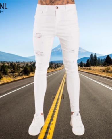 Wihte Jeans Men Elastic Waist Skinny Jeans Men Stretch Ripped
