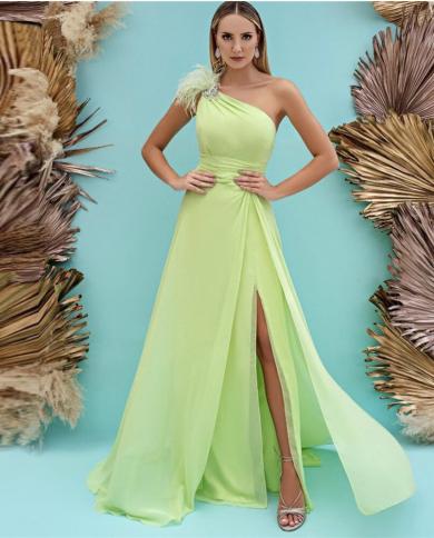 Bridalaffair Bright Green Chiffon Long Prom Dress One Shoulder Feathers Beads Side Slit Evening Gowns Women Formal Party Color Black US Size 24W Bridalaffair Bright Green Chiffon Long Prom Dress One Shoulder Feathers Beads Side Slit Evening Gowns Women Formal Party Color Black US Size 24W