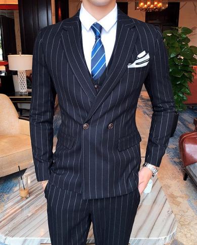 New Striped Men Wedding Suit Slim Fit 2pieces Jacket+pants Homme Costume  Business Casual Male Evening Dress Classic Blue size L Color Blue