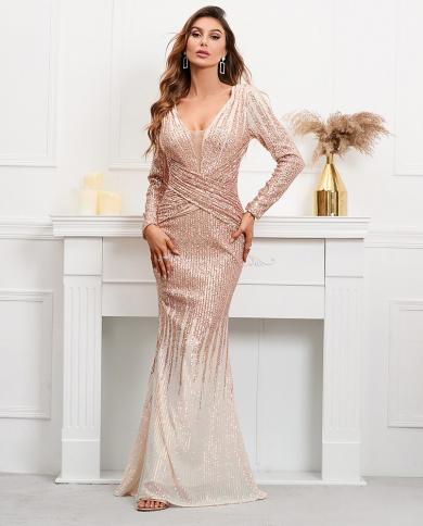 slim fit dress slacks Rose Gold Long Sleeve Sequin Plunge Mini Dress