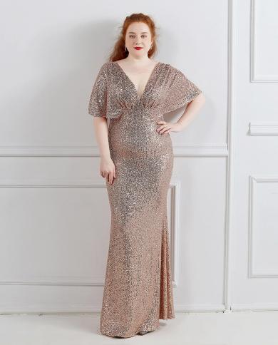 Plus Size Gold Sequin Evening Dress Short Sleeve Elegant Women Party Dress  Long Prom Dress 18013evening Dresses Color Navy blue US Size 10