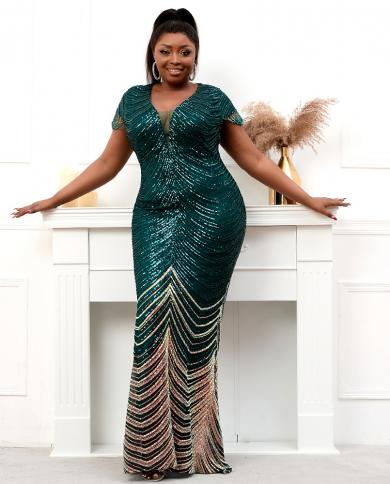 Plus Size Deep V Neck Green Sequin Evening Dress Party Maxi Dress