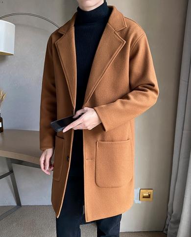 Brand Clothing Men Long Woolen Coats Oversized Solid Color Winter