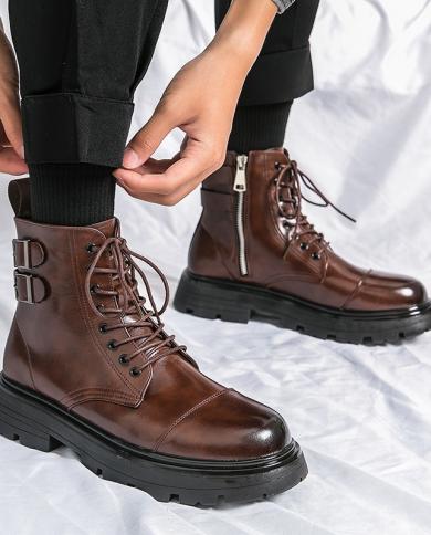 Winter Boots Fashion Brown Leather Men s High Boots Motorcycle Boots Men Outdoor Thick Bottom Round Head Waterproof Ankl Color Black Shoe Size 44