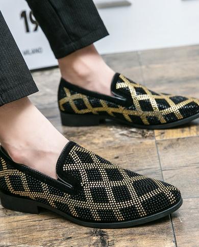 Luxury Men Rhinestone Dress Shoes Glitter Men Loafers Slip On Men Oxfords Shoes Elegant Party Wedding Shoes Zapatos De H Color Black Shoe Size 8.5