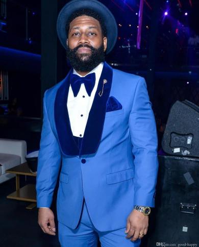 Royal Blue Groom Tuxedos Shawl Lapel Groomsman Wedding 3 Piece