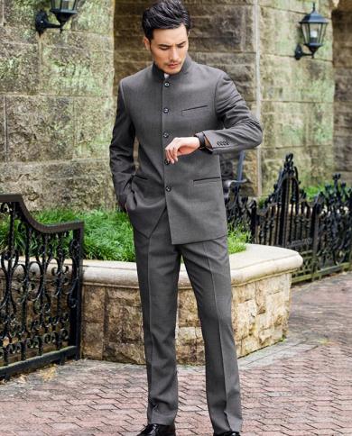 Latest Design Indian Style Mens Stand Collar Suit Jacket Pants Classic Design Groom Gray Wedding Dress 2 Pieces Terno M size XS Color Black