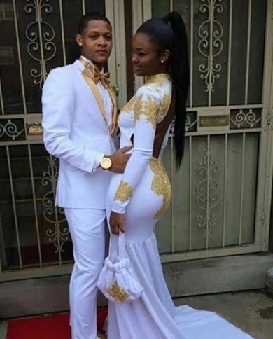slim fit dress slacks White Shawl Lapel 3-Piece Jacquard Prom Suit with Gold Beading main image 1