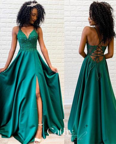 Elegant Silk Satin Party Dress Emerald Green Prom Dresses Spaghetti Strap Vestidos De Fiesta Lace Up Back Evening Dress US Size 10 Color custom color